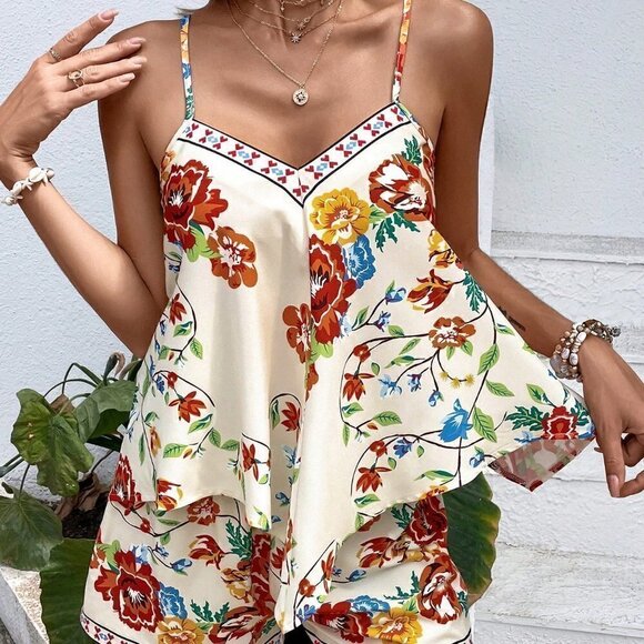 . Tops - Multicolor Boho Womens Floral Print Cami Top & Shorts